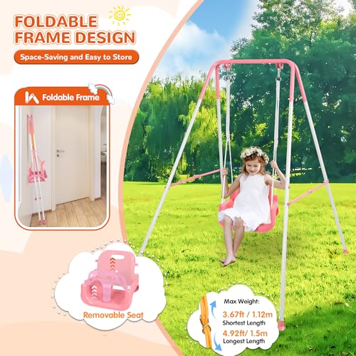 4-in-1 Toddler Swing Set & Baby Jumper and Bouncers, Heavy Duty Baby Swing Set with Foldable Metal Stand for Indoor & Outdoor, Suitable for Children 6 Months and Older, Easy to Assemble & Store (Pink)