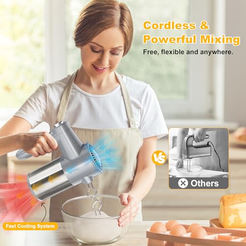 Image of Cordless Electric Hand Mixer, 7 Speed Rechargeable Wireless Handheld Mixer with Eject Button, Long Battery, Quiet Anti-Splash, 6x304 Stainless Steel Attachments & Storage Base for Baking (Silver)