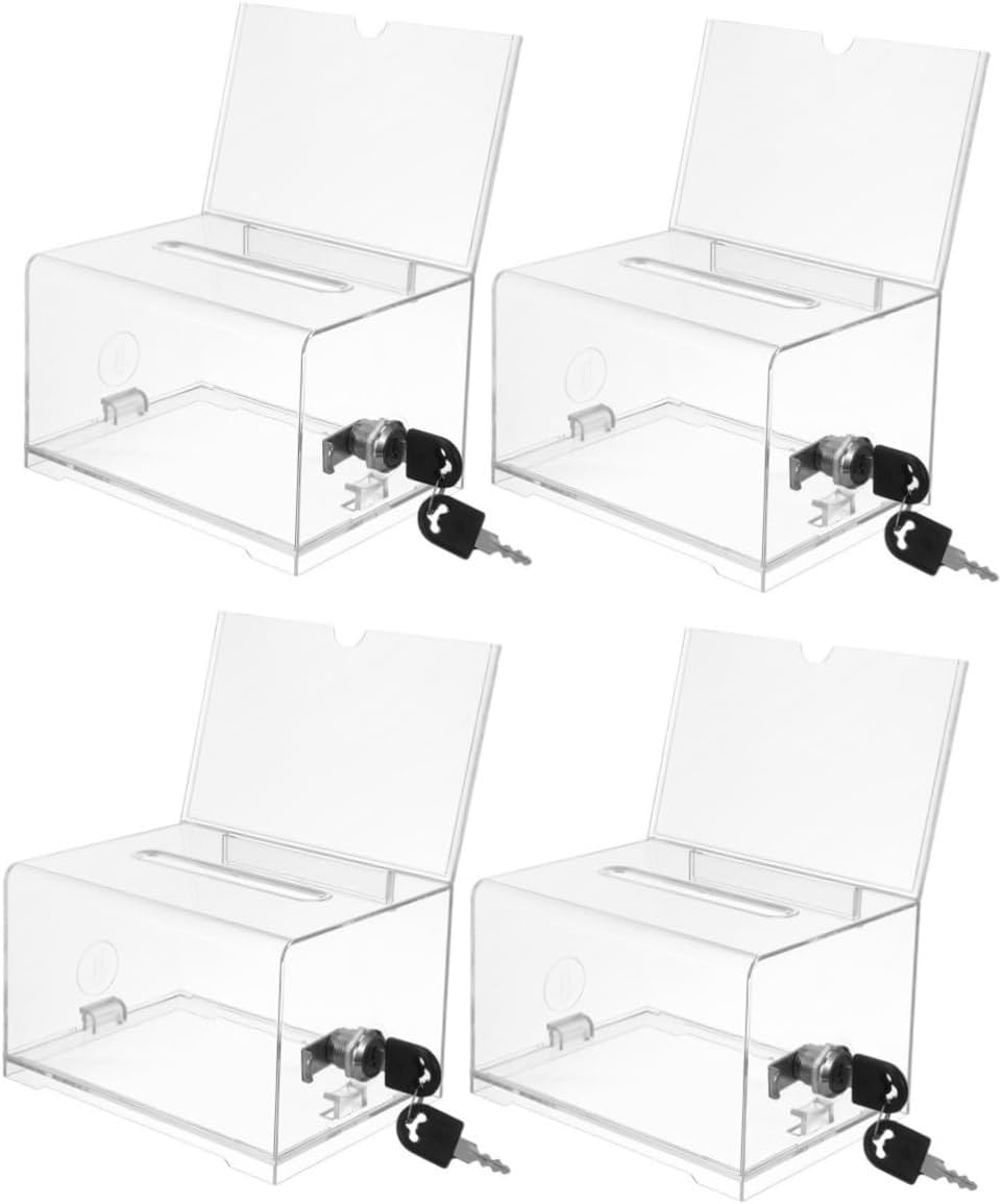 4pcs Clear Acrylic Card Storage Box Multi-function Tip Box for Business Cards Raffle Tickets Money Secure Lockable Design for Events and Organizing