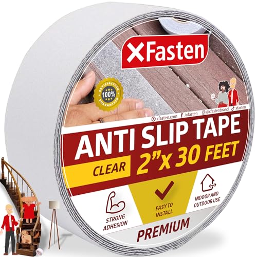 XFasten Clear Anti Slip Tape for Stairs, 2 Inches x 30 Feet, Waterproof Grip Tape for Stairs, Indoor, Outdoor Steps and Treads- Heavy-Duty High Traction Non-Skid Friction Safety Strips