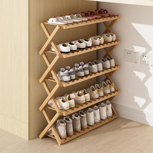 SKW 竹製 折りたたみ シューズラック 組み立て不要、玄関 コンパクト 多機能 収納 (ナチュラル, 幅70cm (5層))
