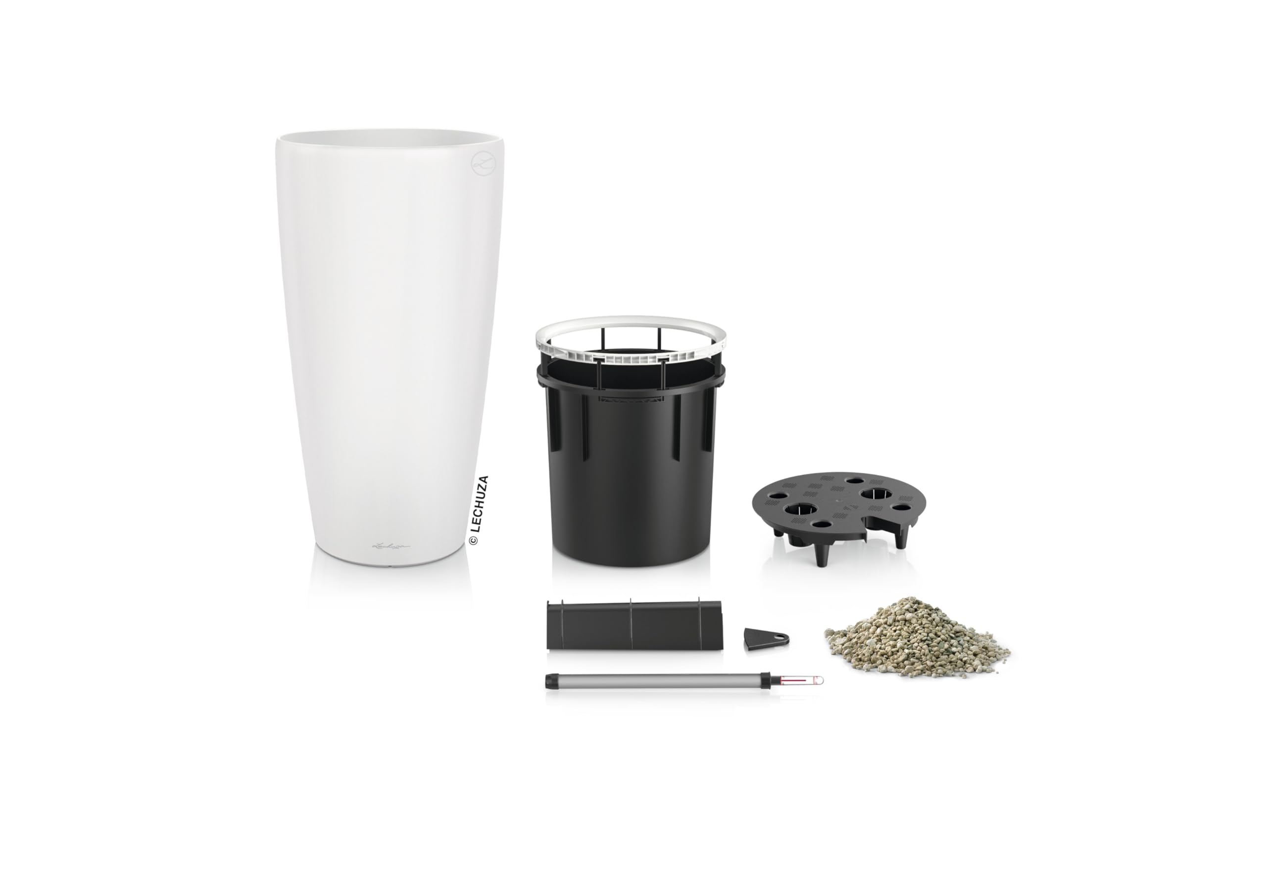 Lechuza Maceta Alta Rondo Ø40 H75 con Coche de riego Blanco Mate