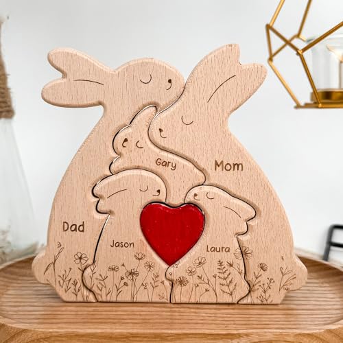 Macorner Figura de madera personalizada de la familia de conejito abrazado, para papá de hija, regalos de papá, regalos de cumpleaños para mamá, decoración familiar de madera para el hogar, regalos