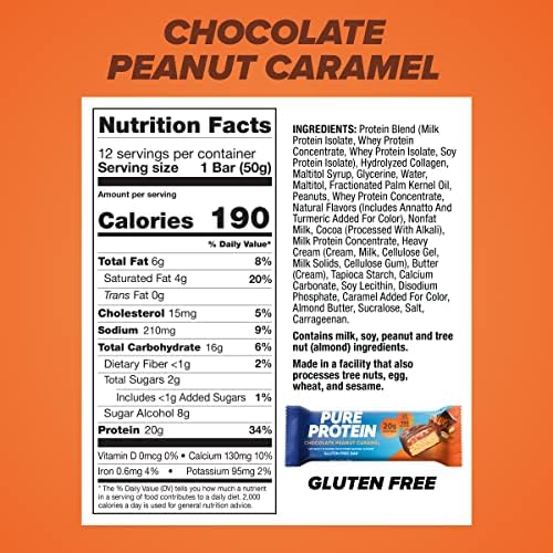 Pure Protein Chocolate Peanut Caramel Protein Bars, 20g Protein, 12 Ct