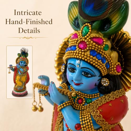 Image of Krishna Statue showpiece for Home Pooja Room Decoration Item | krishna hindu god idol gift items for house warming ceremony living room decor item (polymarble,multicolor,34*13*10 cm)