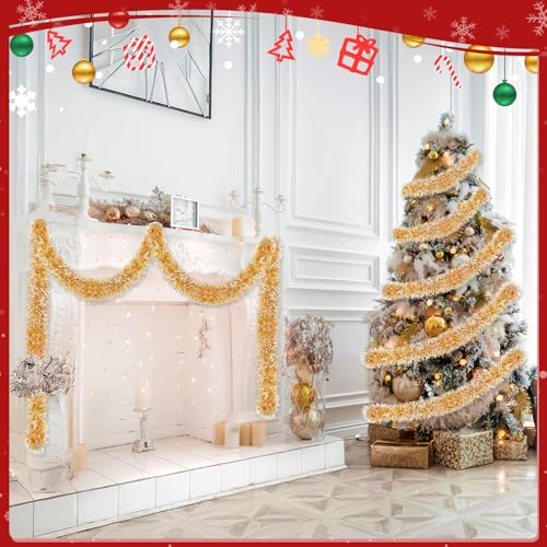 Image of 50ft Gold White Christmas Tinsel Garland Xmas Tree Garland Decorations Metallic Tinsel Glitter Twist Garlands Hanging Streamers for Indoor Holiday Decor