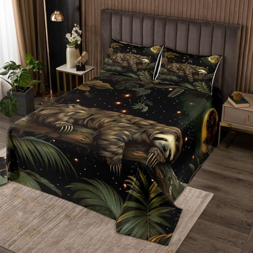 Sloth Quilts Set for Kids,Mystery Jungle Wildlife 3Pcs Bedspread Coverlet Set,Tropical Leaves Animals Bed Cover Set,Watercolor Galaxy Moon Sky Bedspread Coverlet with 2 Pillowshams (Queen Size)