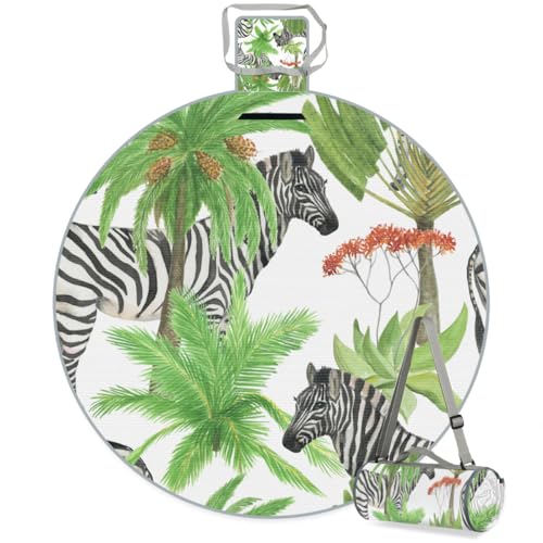 Shimoshe Coconut Tree Zebra Picnic Outdoor Blanket Foldable Waterproof Sandproof Beach Blanket Portable Water-Resistant Round Picnic Mat for Travel Camping Park Lawn