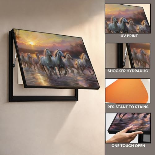 Image of Electric MCB Box Cover Frame With Hydraulic Decorative Painting White 7 Running Horse Painting Electrical Panel box Cover, Switch Box Frame Will Fit Max 10x14 inch Switch Board, Outer Size 17X23 Inch