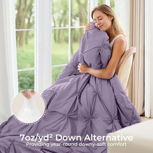 Image of Sasttie Queen Comforter Set, 7-Piece Bed in a Bag, Pintuck Bedding Sets for All Season, Includes Comforter, Flat Sheet, Fitted Sheet, Pillowcases and Pillowshams, New Purple
