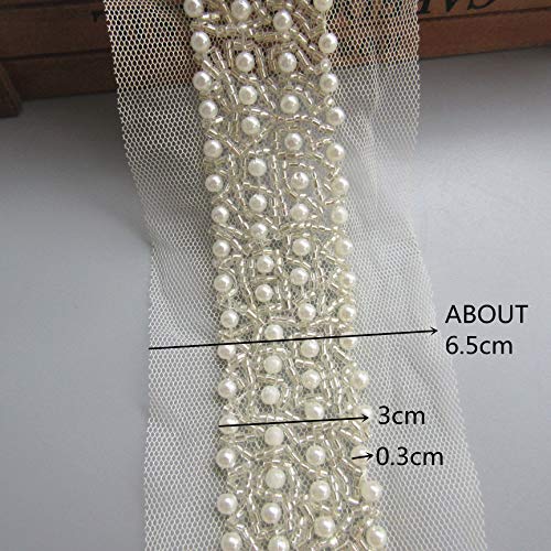 1 Yard Pearl Beads Decorative Tape Lace Edge Trim Ribbon Band 3 Cm Width Vintage Style Ivory Edging Trimmings Fabric Embroidered Applique Sewing Craft Wedding Bridal Dress Party Clothes Decor #TOP1