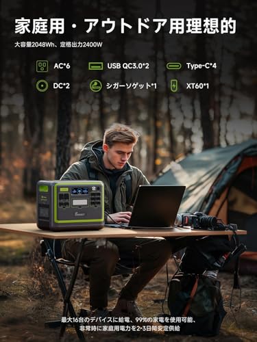 FOSSiBOT F2400 ポータブル電源 大容量 長寿命15年 リン酸鉄 ポータブルバッテリー アプリ遠隔操作 1.5時間満充電 640000mAh/2048Wh UPS機能 AC2400W 瞬間最大4800W/DC/USB/XT60出力16台同時充電 AC100V 50Hz/60Hz　パススルー 家庭アウトドア両用 蓄電池 発電機 節電停電対策 車中泊 静音耐熱防火設計 非常用電源 防災推奨