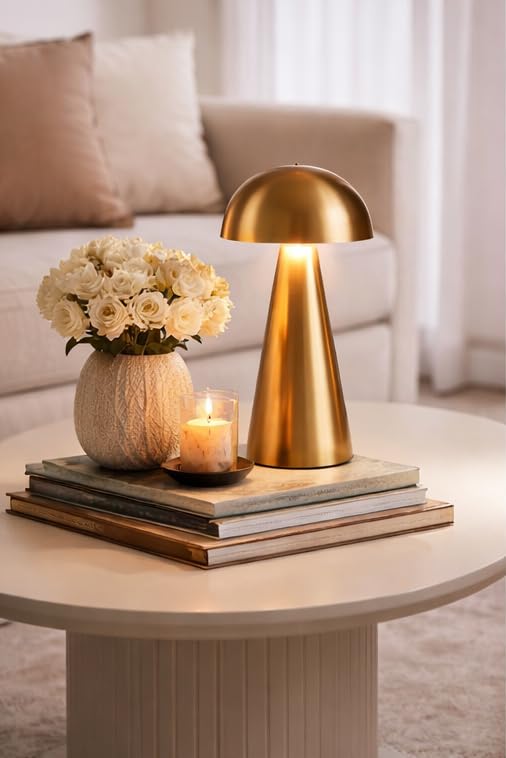 Image of blissbells Modern Gold Table Lamp - Minimalist Metal Bedside Lamp with Warm Ambient Light, Contemporary Mushroom Dome Design for Bedroom, Living Room, Office & Nightstand