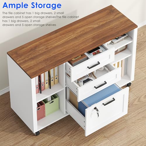 kepptory 3 Drawer Wood Mobile Large lateral File Cabinet with Lock, Lockable Rolling Filing Cabinet with Open Storage Shelves, Printer Stand Office Storage for Home Office Fits Files Legal/A4, White by kepptory - Image 5
