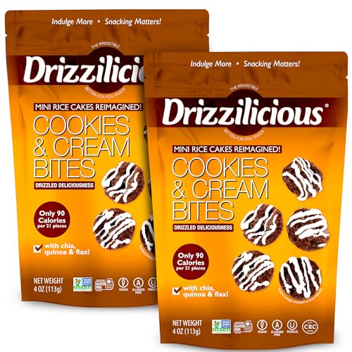 Drizzilicious Mini Flavored Rice Cakes Cookies & Cream - Rice Crisps, Healthy Snack for Adults and Kids, Vegan, Gluten Free Snack, Allergen Free, Only 90 Calories Per 21 Pieces - 4 oz (Pack of 2)