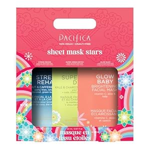 Pacifica 3-Pack Face Sheet Mask Variety Set – Brightening Vitamin C, Green Detox & Stress Rehab Hydrating Masks for Glowing Skin, Holiday Beauty Gift for Women Teens Girls, Vegan Clean Skincare