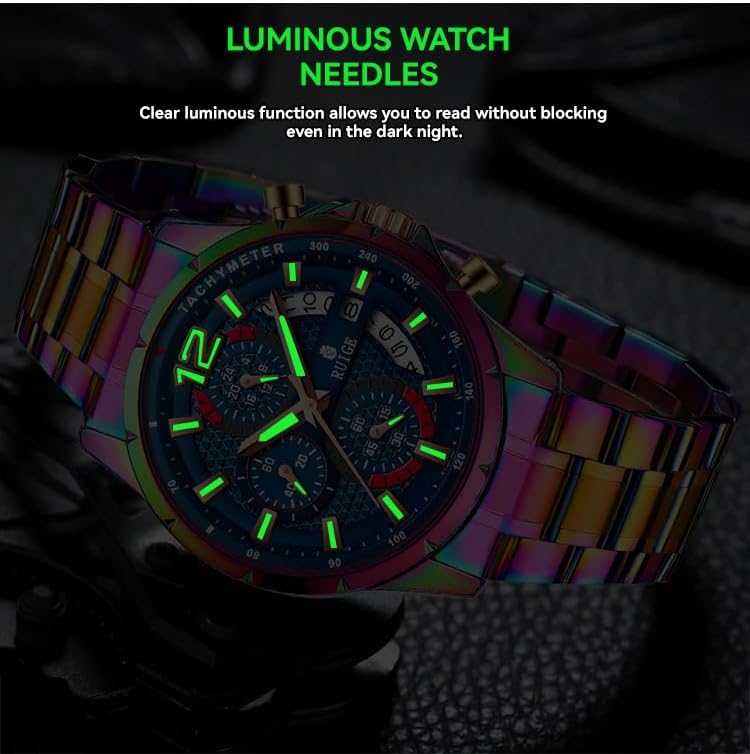 RUIGE Sports Chronograph Colorful Series Multi Functional Men's Quartz Watch Stainless Steel Material Men's Night Light Waterproof Fashion Trend Watch Diameter 42MM N3-3 - Image 9