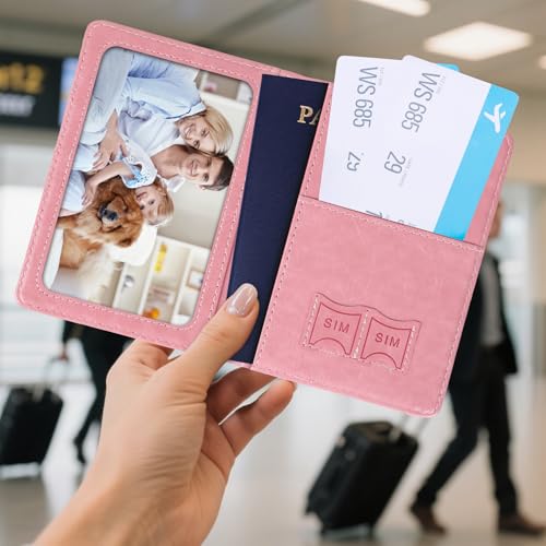 Passport Holder for Travel, RFID Blocking Passport Cover with Pen Holder Leather Passport Wallet Case Travel Must Haves Accessories Passport Book Card Holder for Family Travel Essentials Gifts, Pink2