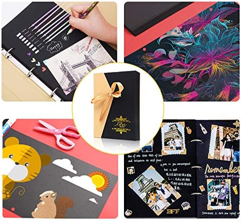 QIF Scrapbook Photo Album 60 Pages Handmade DIY Album, Black Page 10 x 7 inch A4 Craft Paper with 8 Metalic Marker Pens for Memory Book Wedding Guest Book, Anniversary Valentines Day Gifts