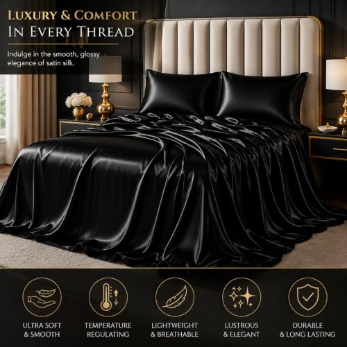 Image of SOFT SOULS Satin Bedsheet with Pillow Covers for Couples, Valentine's Day, Girlfriend, Boyfriend, Husband, Wife, or a Romantic Wedding First Night (Black, King Bedsheet)
