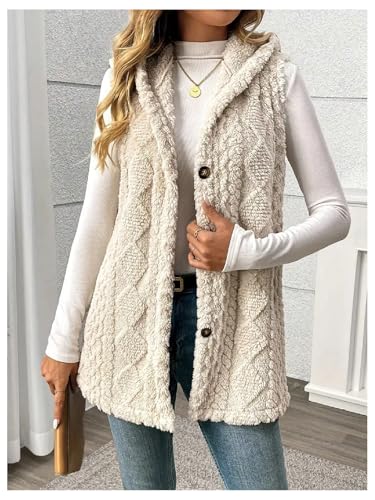 GORGLITTER Women's Button Down Fuzzy Coats Oversized Textured Sleeveless Trendy Hooded Vest Fall Outerwear4