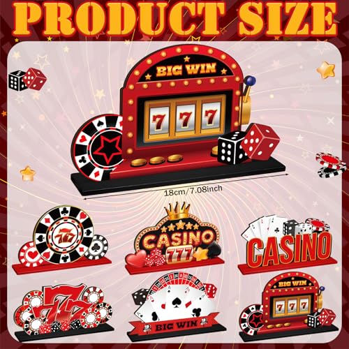 Image of CroBlissful 6 Pcs Casino Theme Table Centerpieces Casino Theme Party Decorations Poker Chips Poker Machines Dice Spades Wooden Signs for Birthday Party Decoration