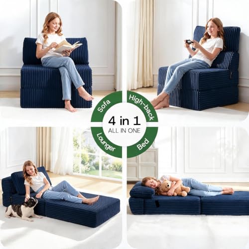 Image of Folding Sofa Bed Convertible 4 in 1 Sleeper Chair Blue Single