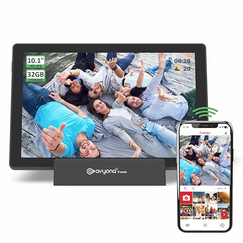 Image of Avyona 10.1 inch Smart WiFi Digital Photo Frame - 3000mAh Battery, 32GB Storage, HD IPS Touchscreen, Frameo App Instant Photo /Video Sharing, Auto-Rotate, Raven Black