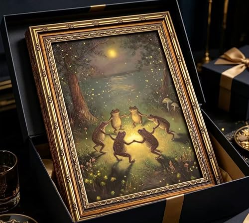 Vintage Gold Framed Frog Wall Art,Frogs Dancing in Moonlight Forest Painting Canvas Prints,Whimsical Animal Wall Decor,Retro Country Toad Poster Artwork for Corridor Living room Bedroom Kitchen