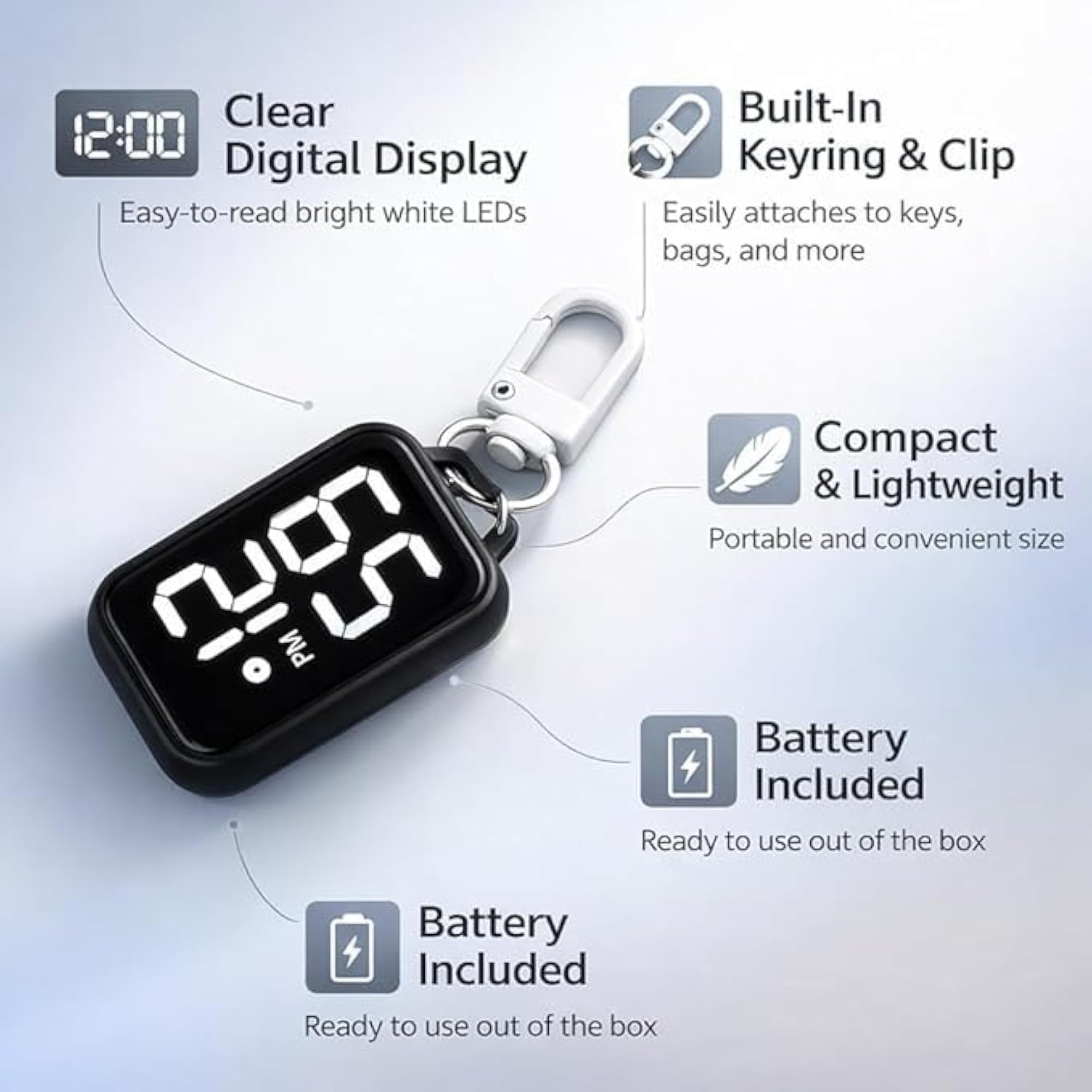 Mini Digital LED Keychain Watch with Carabiner Hook, Portable Gift