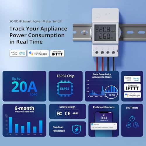 Image of Ledgebit POWR320D Elite Wi-Fi Smart Power Meter Switch with LCD | 20A Load | 6-Month Data History | Overload Protection | Alexa & eWeLink Compatible