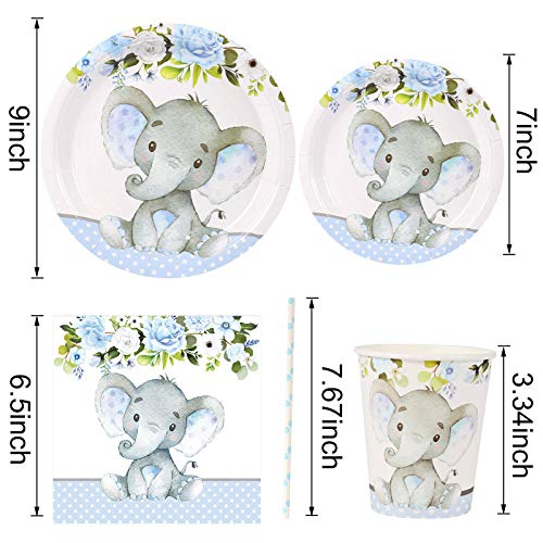 Elephant Baby Shower | Serves 24 | Blue Elephant Party Supplies Decorations | Elephant Baby Shower Or Birthday For Little Boy | Dinner Plates, Dessert Plates, Cups, Straws And Napkins #TOP1