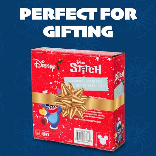 Image of Silver Buffalo Lilo and Stitch Xmas Stitch and Friends Palm Gift Set 4pc. 1.5oz. Mini Glass Set 2x2