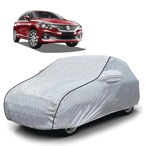 Image of Sulfar 100% Waterproof Car Body Cover Compatible with Mirror for Maruti Suzuki Baleno (Triple Stitched, Full Bottom Elastic, Magic Silver with Black Piping)