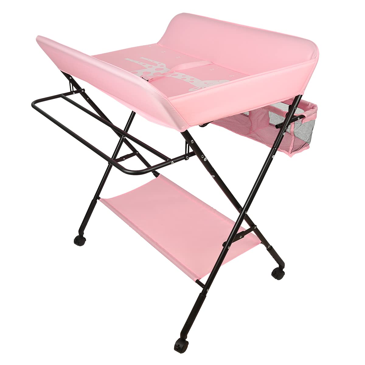 Mueble Cambiador Bebe Plegable y Portátil, Cambiador con 4 Ruedas,Patrón de Jirafa-80 x 66 x 92/95/98 cm (Rosa)