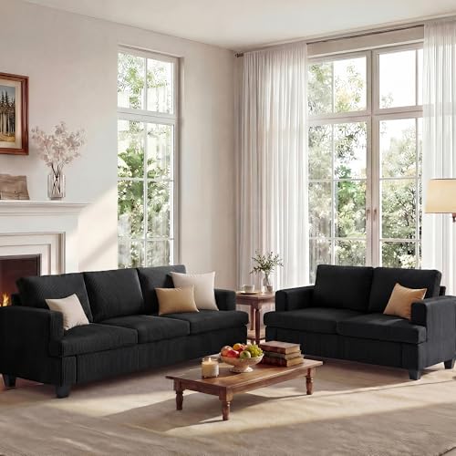 Apicizon Loveseat & 3 Seater Sofa Sets, 89' Couch Sofa Set for Living Room Furniture, 2 Piece Modern Sleeper Sofa with Deep Seat Cloud Couch for Apartment Lounge, Black Corduroy