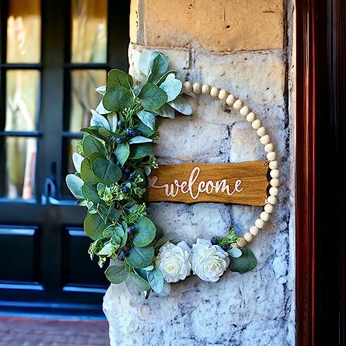 Falls Oak Welcome Sign For Front Door, Wood Beads And Eucalyptus Wreath, Indoor Outdoor All Seasons Floral Wreath, Boho Beaded Wreath, Farmhouse Door Decoration #TOP2