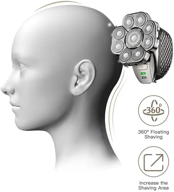 Men's 6-in-1 Bald Head Electric Shaver 9 Floating Blades Razor with Beard/Nose/Ear Hair Trimmer & Facial Brush, Rechargeable(Stand)