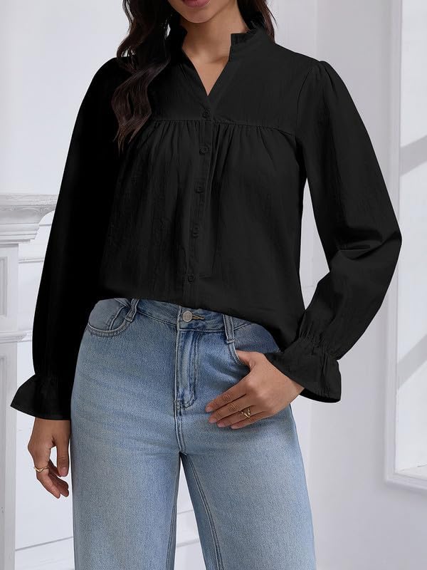 Womens Button Down Long Sleeve Fall Tops Pleated Dressy Work Babydoll Peplum Ruffle Blouse Shirt - Image 7