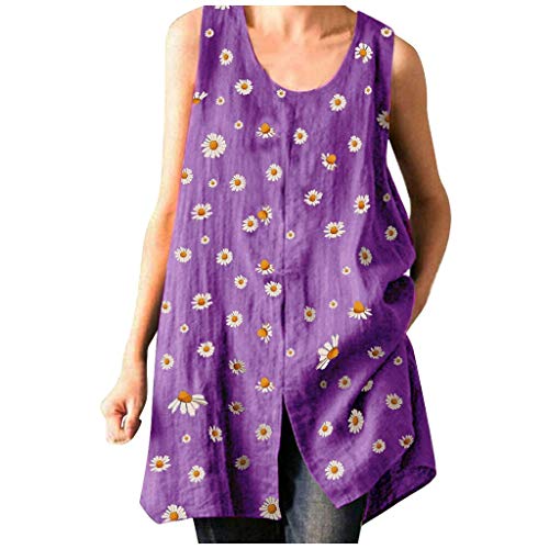Women's Linen Tank Tops Plus Size Floral Print Sleeveless Tunic Shirts Summer Casual O-Neck Split Vest Blouse Soft Breathable Flax Camisole Pullover Tee Tops