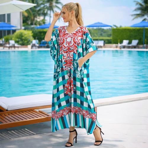 Image of Miss Lavish London Teal Check Print Kaftan Dress for Women V Neck Batwing Sleeve Maxi Beach Cover Up, Plus Size Caftan with Side Slits & Pockets, Resort Wear Swimsuit Coverup-Teal-3XL