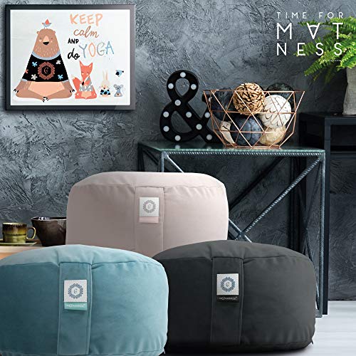 aGreenie Cojín de yoga de terciopelo, redondo, relleno de trigo sarraceno, altura del asiento: 15 cm, funda lavable, incluye bolsa de la compra y meditación, libro electrónico (verde océano)