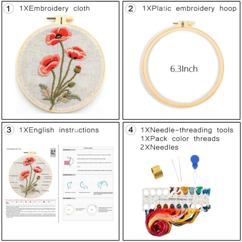 Image of Vintage Flowers Embroidery Kits for Beginners Adults, Floral Hand Embroidery Starter Kit, Stamped Cross Stitch Kits DIY Needlepoint Kits for Beginners Adult, Embroidery Hoop, Thread and Video Tutorial