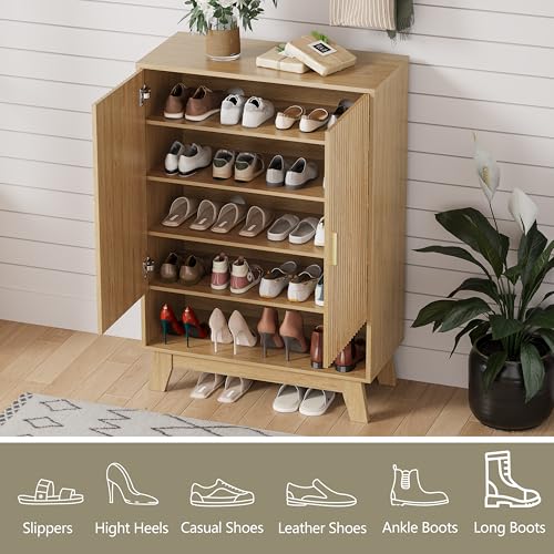 Image of Shoe Cabinet Storage for Entryway with Doors, 5 Tier Fluted Shoe Organizer with Adjustable Shelves, Entryway Shoe Storage with Wooden Legs, Freestanding Hidden Shoe Rack for Front Door Entrance, Oak