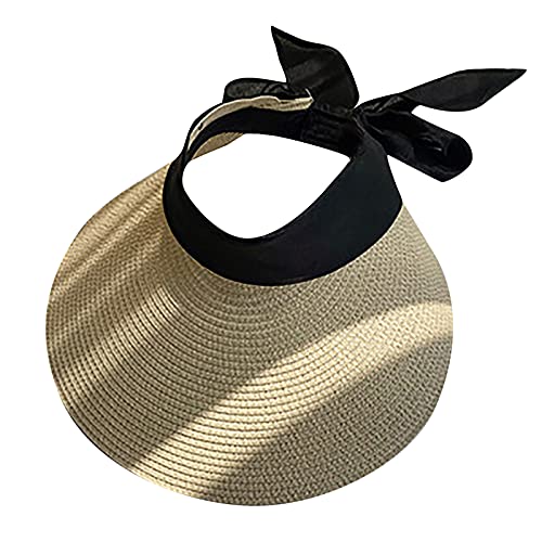 Younoo1 Women's Wide Brim Straw Hat Beach Hat Visor Capeline Cap with Ribbon