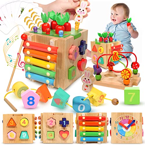 10 In 1 Wooden Activity Cube Montessori Toys For 12 M+ Baby Boys And Girls, Carrots Harvest Game & Bead Maze In 1, Preschool Learning & Education Shape Sorter For Toddlers Age 1 2 3, 1St Birthday Gift #TOP7