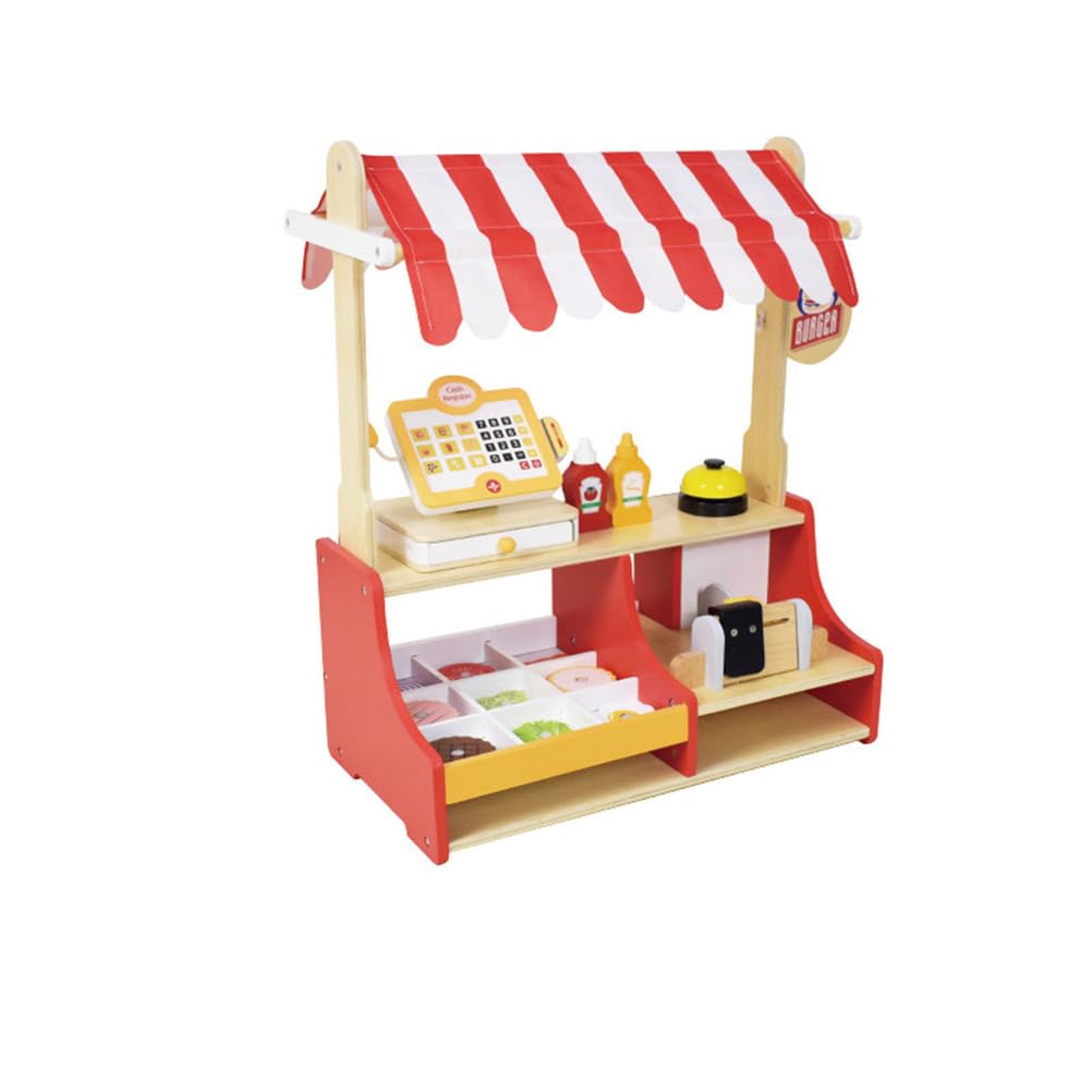 Set da Gioco Burger in Legno, Bancarella di Fast Food Giocattolo | Banco Vendita Giocattolo per Bambini, Set di Cibo Giocattolo in Legno, Giocattolo Cassa per Bambini