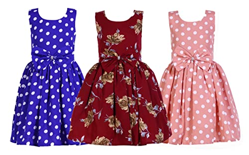 Image of Casual Frock for Baby Girls,Royal Blue Polka::Maroon Printed,5-6 Years, Pack of 3