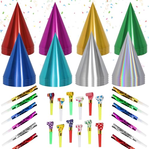 122 PCS Metallic Cone Birthday Party Hats Bulk Set with Party Blowers Noise Makers, Colorful Celebration Headwear for Kids, Adults, Baby Shower, New Year, Christmas, Anniversary, Holiday Events
