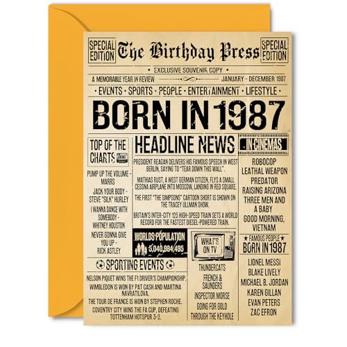 38th Birthday Card for Women Men - Bday Press Newspaper 1987 - Happy 38 Birthday Cards for Cousin Auntie Daughter Husband Colleague Son, 5x7 Inch Bday Greeting Cards 38th Birthday Card for Women Men - Bday Press Newspaper 1987 - Happy 38 Birthday Cards for Cousin Auntie Daughter Husband Colleague Son, 5x7 Inch Bday Greeting Cards